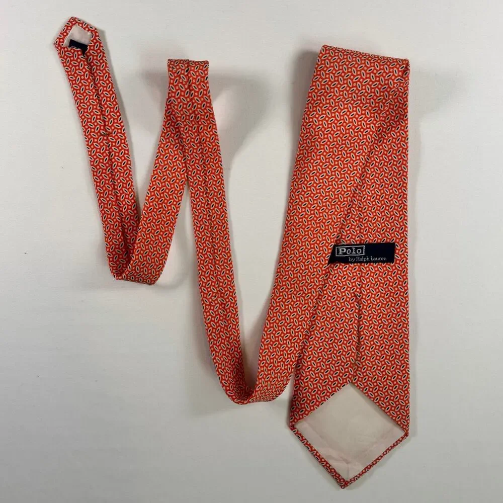 Polo Ralph Lauren Geometric Necktie 100% Silk Orange Made In USA Classic Preppy